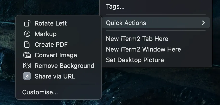 Screenshot of the quick action